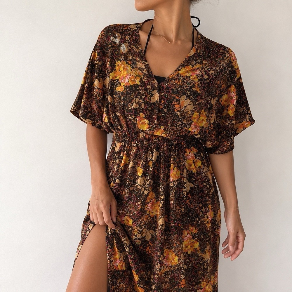 Capricci Vintage 70s Boho Hostess Maxi Dress XL/XXL Brown Resort Cover Up Beach